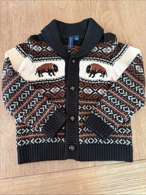 Black, Cream & Brown Buffalo Fair Isle Shawl Collar Cardigan